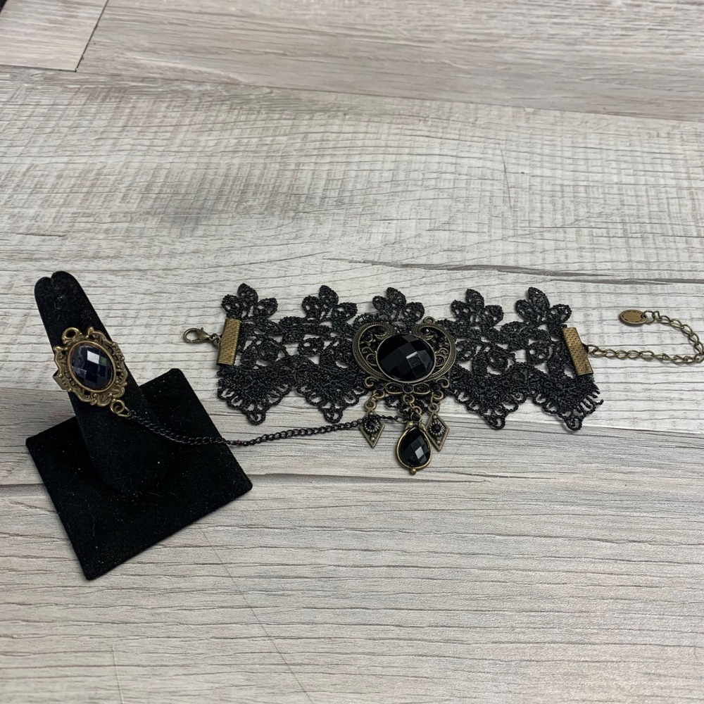 Gothic Black Lace Choker and Ring Set Bronze Tone Victorian Steampunk Jewelry